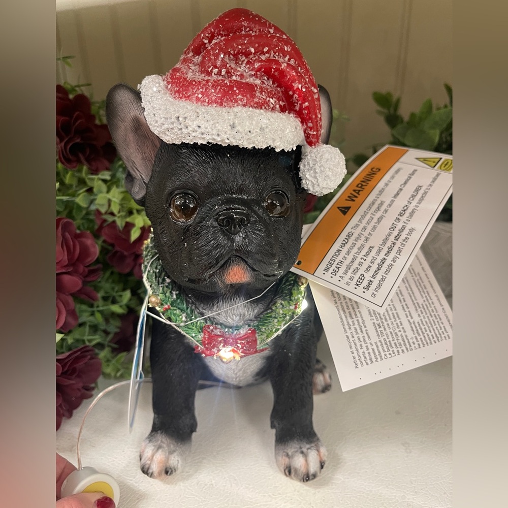 Santa Christmas Frenchie French Bulldog Light up LED Holiday Resin Statue NWT